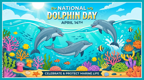 Dolphins swimming in ocean with coral reef on national dolphin day celebrating marine life conservation