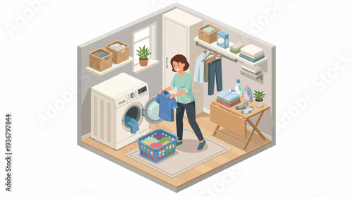 Woman doing laundry in a modern utility room with washing machine and dryer.