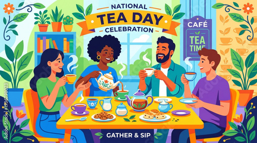Diverse group of friends enjoying tea and snacks on national tea day in a cozy cafe with a warm atmosphere and colorful decor