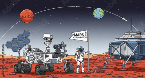 Mars Rover and Space Exploration Equipment on Red Planet Surface.