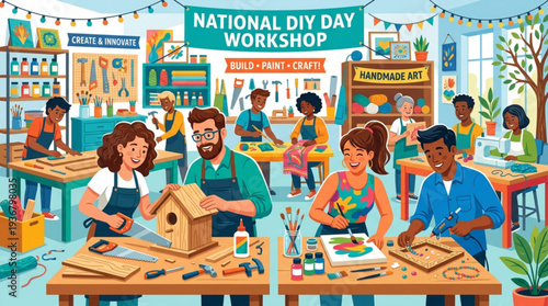 People engaged in woodworking at national diy day workshop with tools and projects on tables