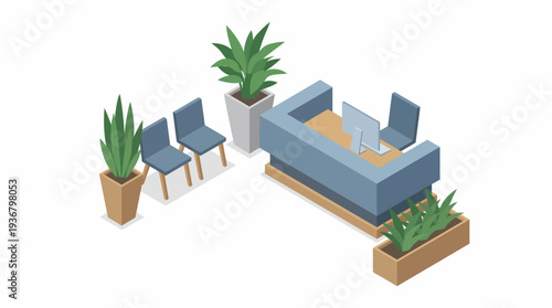Modern office reception with furniture and plants.