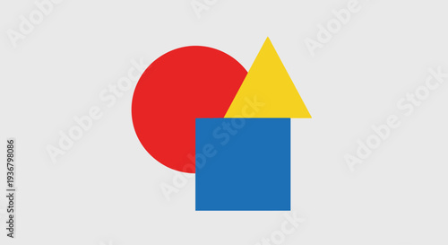 Colorful geometric shapes: red circle, blue square, yellow triangle. Abstract composition on a light background. Basic forms illustration.