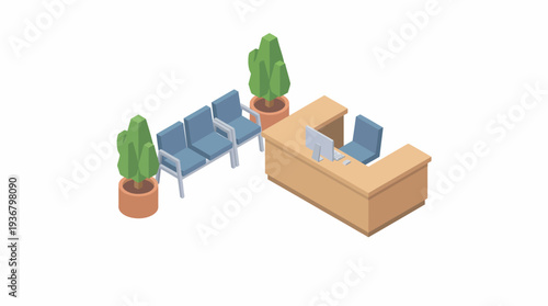 Modern office reception area with blue chairs and potted plants.