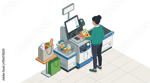 Illustration of a man scanning groceries at a supermarket checkout counter.