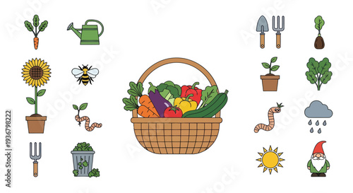 Gardening Basket with Fresh Vegetables and Tools.