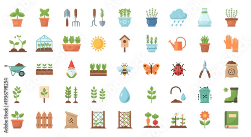 Gardening Tools and Plant Icons.