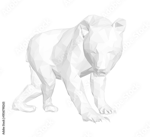 Polygonal polar bear composed of geometric shapes and clean lines stands on a stark white background. This minimalist vector illustration uses a low poly art style for an abstract and modern look.