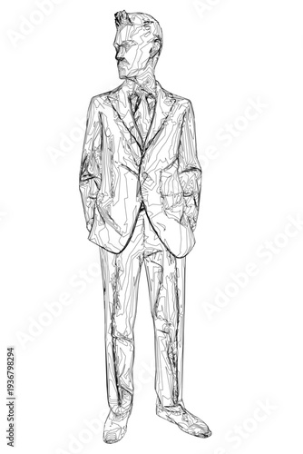 A classic man in a tailored suit stands with hands in pockets against a white background. He wears a crisp shirt and patterned tie with a serious expression.