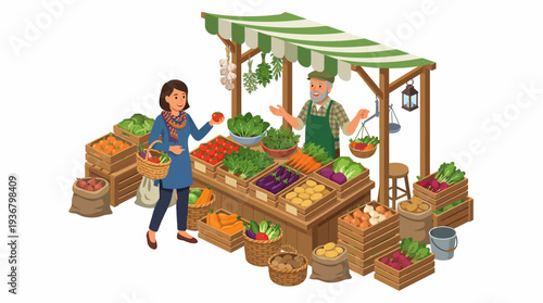 Woman shopping at a vibrant outdoor farmers market stall.