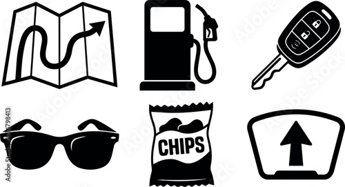 Flat design black travel icons set map route gas pump car key sunglasses chips bag windshield arrow simple silhouette vector
