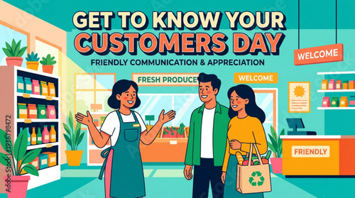 Get to know your customers day friendly communication and appreciation in a grocery store with a cashier and two customers