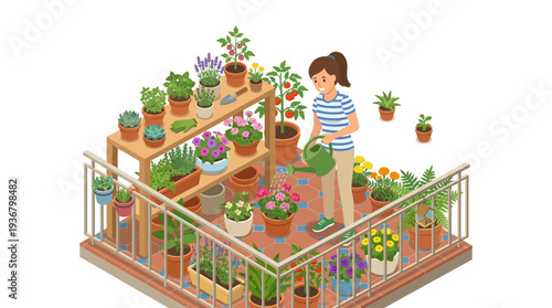 Woman tending to potted plants on a balcony with various flowers and greenery.