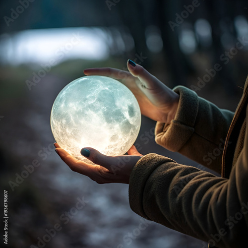 Close-up hand holding glowing crystal orb, mystical aura, dark background.