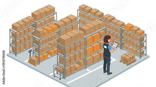 Warehouse worker checking inventory on clipboard in storage facility.