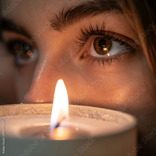 Close-up eyes reflecting candle flame, warm cozy glow, intimate mood.