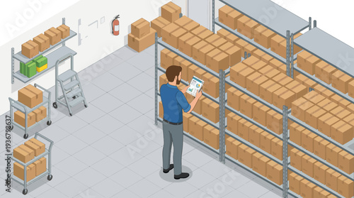 Warehouse worker inventory management with cardboard boxes on shelves.
