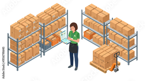 Warehouse worker managing inventory with pallet jack and shelving units.