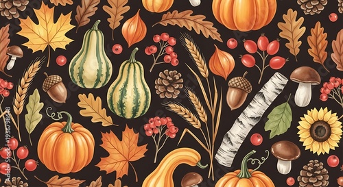 Autumn Harvest - Pumpkins, Gourds, and Foliage Pattern.