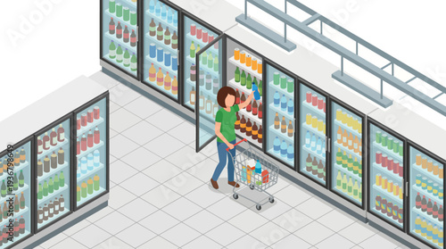 Woman shopping in a supermarket with refrigerated food displays.