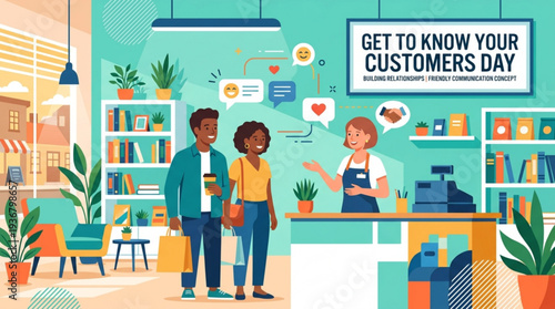 Couple interacting with shopkeeper on get to know your customers day in a cozy bookstore