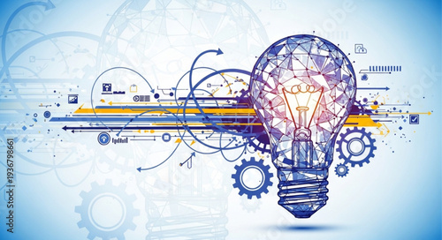 Creative Light Bulb with Gears and Digital Elements.