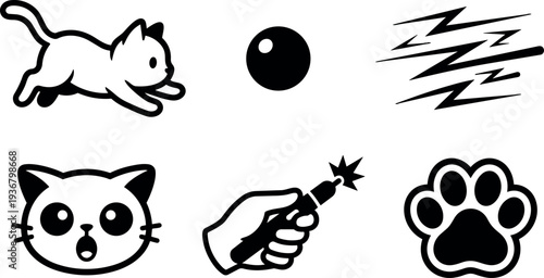 Flat line art cat icon showing playful cat chasing ball surprised face paw print scratch marks and toy clicker hand