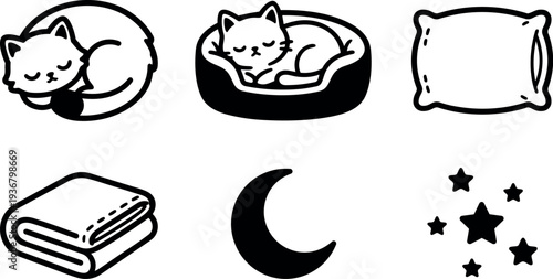 Line art curled sleeping cat and pet bed icons with pillow blanket moon and stars black and white night set