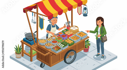 Vibrant Street Food Vendor Serving Customer at Outdoor Market Stall.