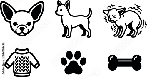 Line art chihuahua icons set showing head profile standing shivering sweater paw and bone in flat black vector minimal outline