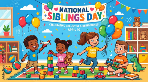 Children celebrating national siblings day with balloons and toys in a colorful playroom