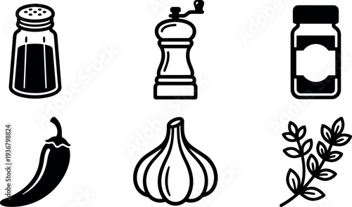 Flat design close up spice icons set salt shaker pepper mill spice jar chili garlic herb sprig simple black vector