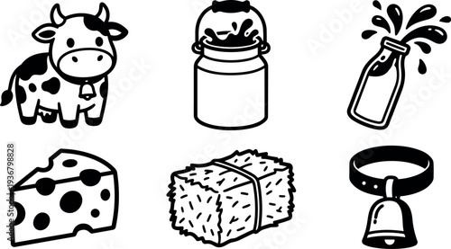 Line art farm dairy icons set cow milk can milk bottle splash cheese wedge hay bale cowbell vector outline cute