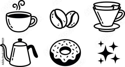 Minimal line art coffee icons set cup beans pour over kettle donut sparkles top view simple kitchen breakfast vector collection