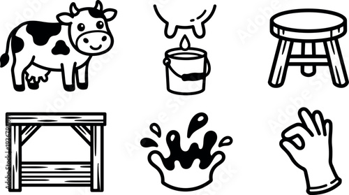 Line art close up dairy icons cow milking bucket stool milking stand milk splash gloved hand farm tools set illustration