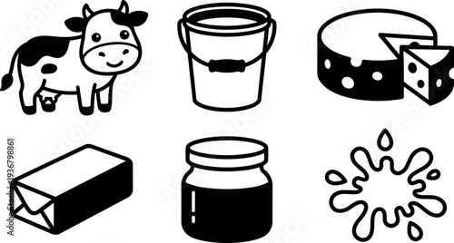 Flat line art minimal vector close up dairy icons cow bucket cheese butter jar and milk splash arranged on white