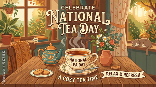 Cozy tea time scene with steaming cup teapot and sweet treats on wooden table by sunny window