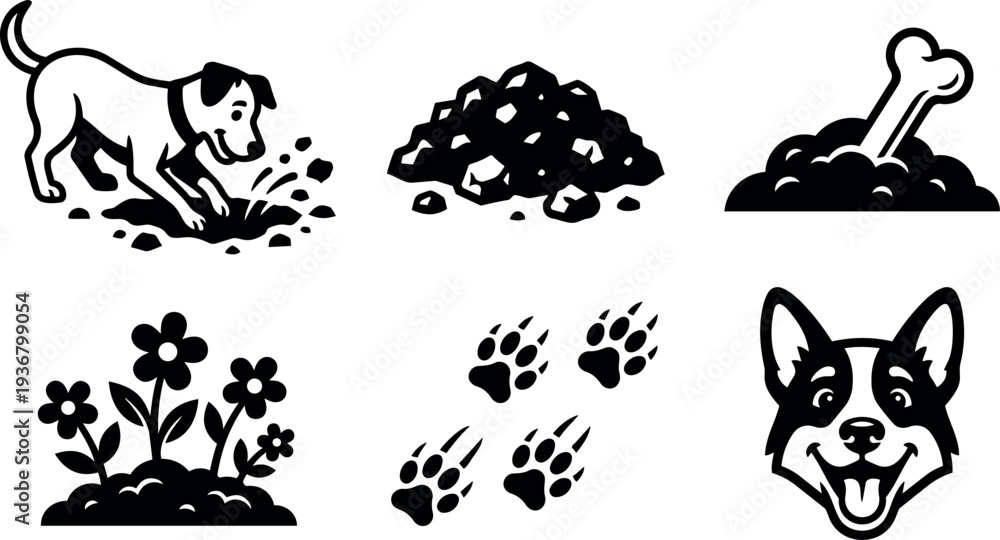 Obraz premium Flat design dog digging and paw print icon set showing bone mound flowers dog head playful close up smiling vector