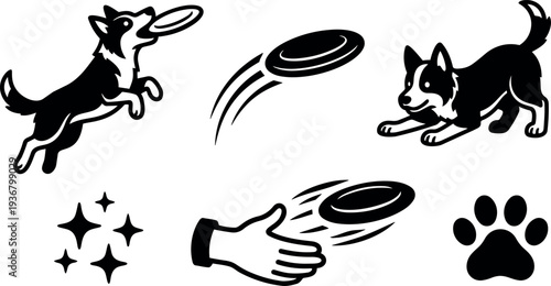 Minimalist vector dog catching frisbee midair jumping side view with throwing hand paw icons playful bold silhouette flat black white