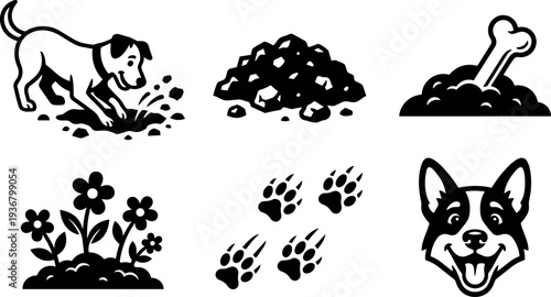 Flat design dog digging and paw print icon set showing bone mound flowers dog head playful close up smiling vector