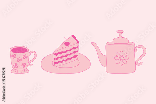 A pink vintage teapot, cup, and slice of cake on a plate. A flirty vector illustration of breakfast at a bakery, cafe, or restaurant.