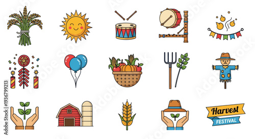 Harvest festival icons set with farm elements.