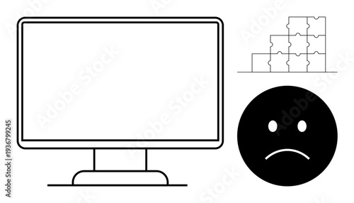 Technology concept. Visual elements include a computer monitor, puzzle pieces, and a sad face, challenges in technology workflows. For tech, IT troubleshooting, problem-solving, workflow management