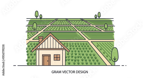 Illustration of Farmhouse and Fields.