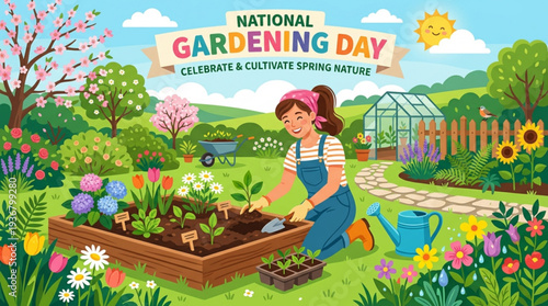 Woman gardening on national gardening day planting flowers and vegetables in a vibrant spring garden with a greenhouse