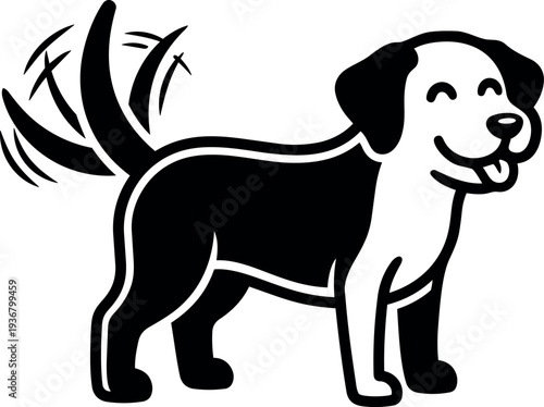 Minimalist icon smiling dog standing with wagging tail side view happy expression black and white outline stroke bold simple vector