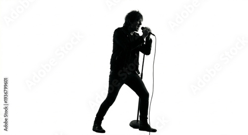 Silhouette of a male singer performing with microphone isolated on white background