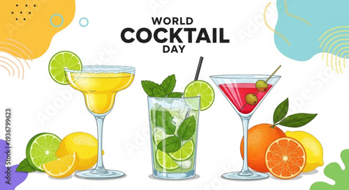 Three colorful cocktails with fruits and mint on world cocktail day celebration