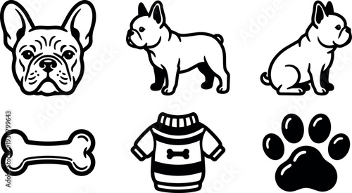 Line art vector icon set showing french bulldog head standing and sitting body bone sweater and paw in bold outline