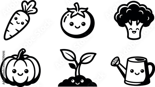 Line art kawaii vegetable icon set close up smiling carrot tomato broccoli pumpkin seedling and watering can flat vector minimal